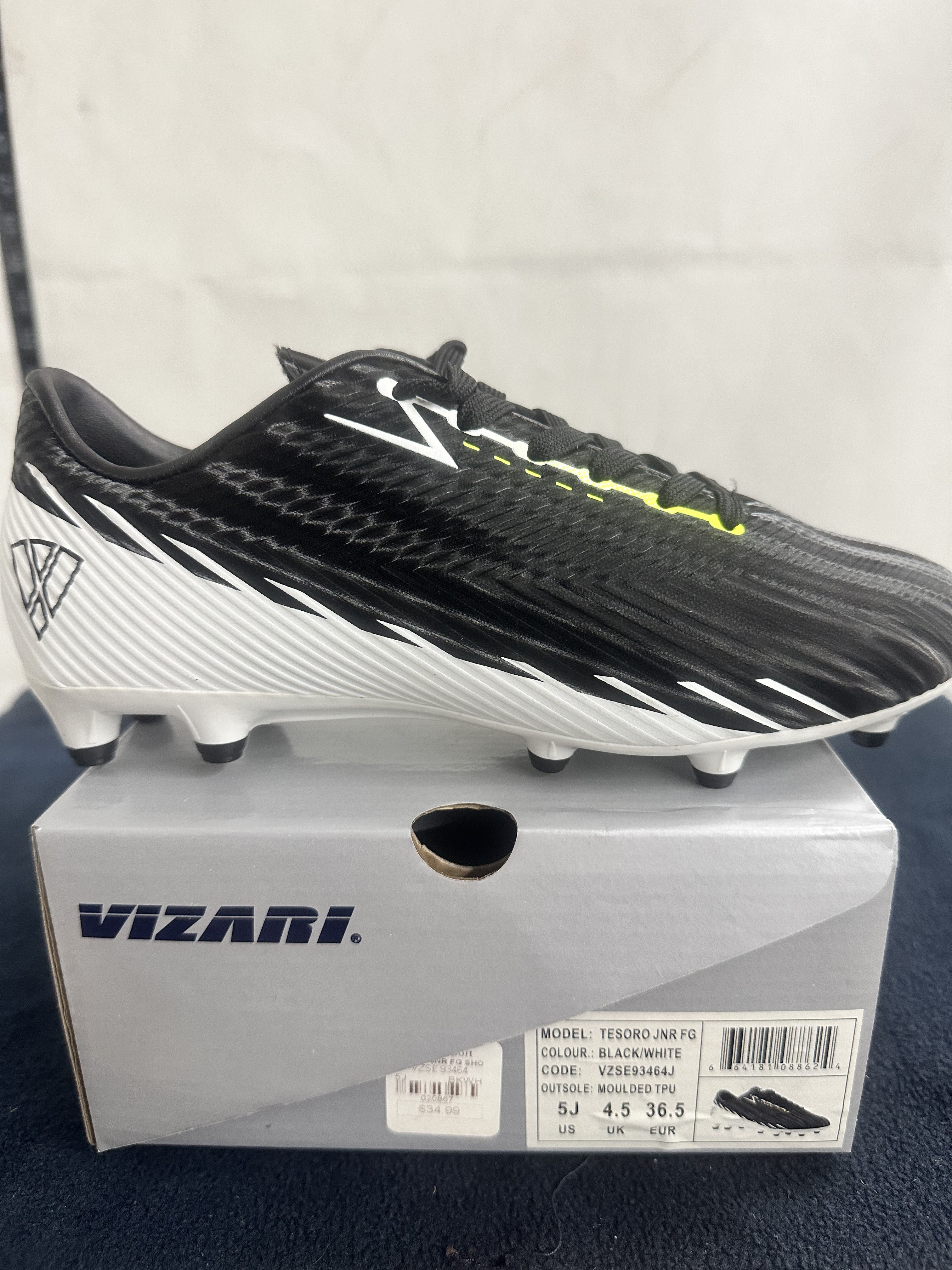 Vizari Kids Tesoro Junior FG Firm Ground Soccer Cleats - Black/White - Size 5J