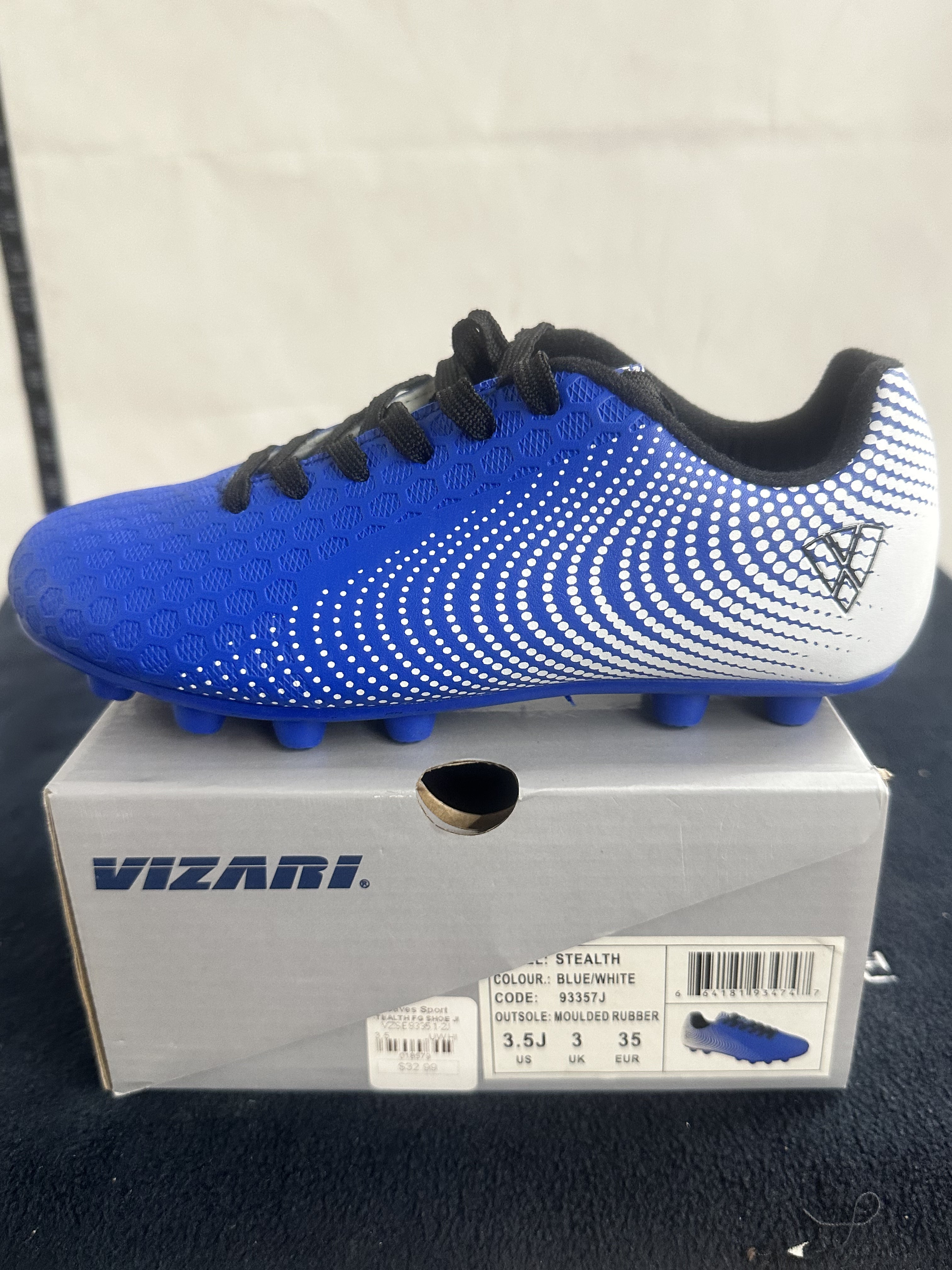 Vizari Stealth FG Soccer Cleats – Blue/White – Youth Size 3.5J
