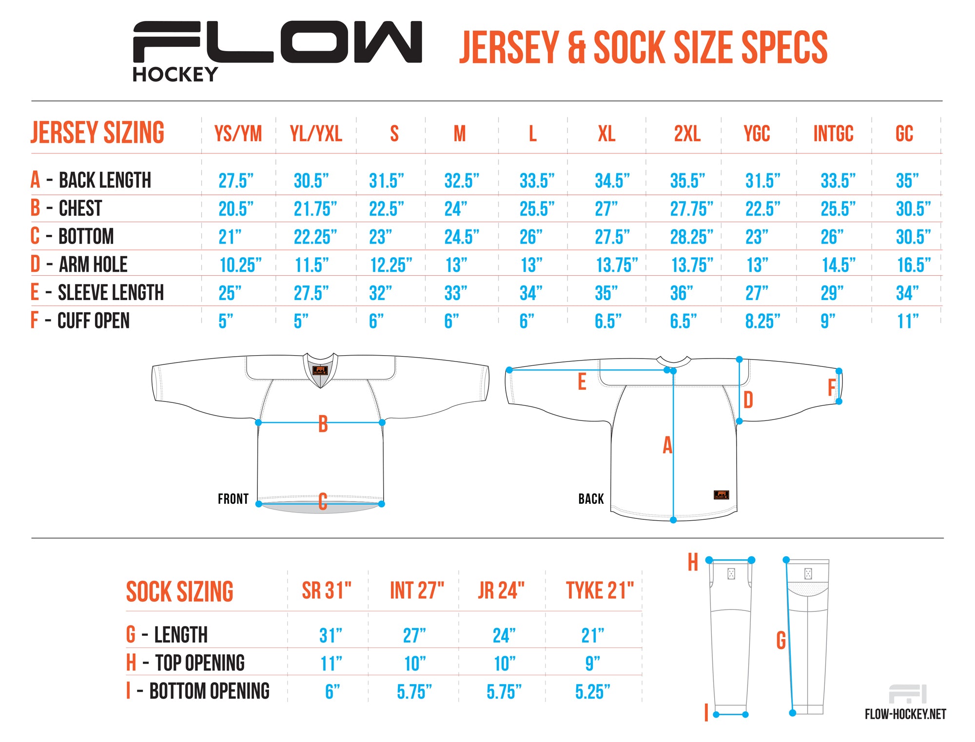 FLOW Jersey Sock Sizing Chart